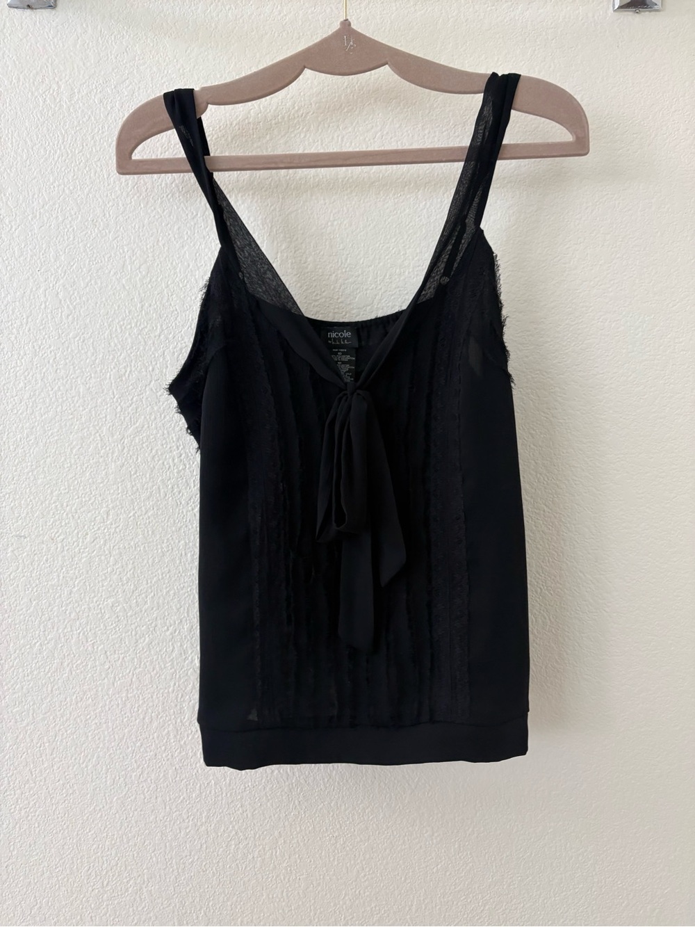 Nicole Miller Black Tie-Front Lace Trim Tank